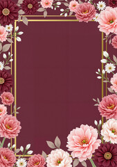 Fototapeta premium Elegant floral border with blush and burgundy flowers for invitations