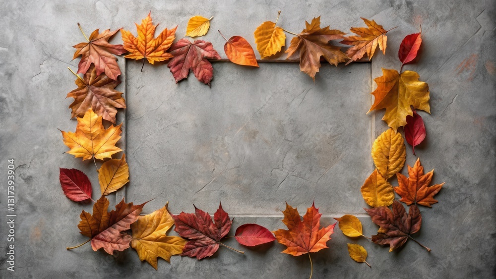 Poster Autumnal Foliage Frame A Collection of Vibrant Red, Orange, and Yellow Leaves Arranged in a Rectangular Shape, Creating a Natural Frame on a Grey Background