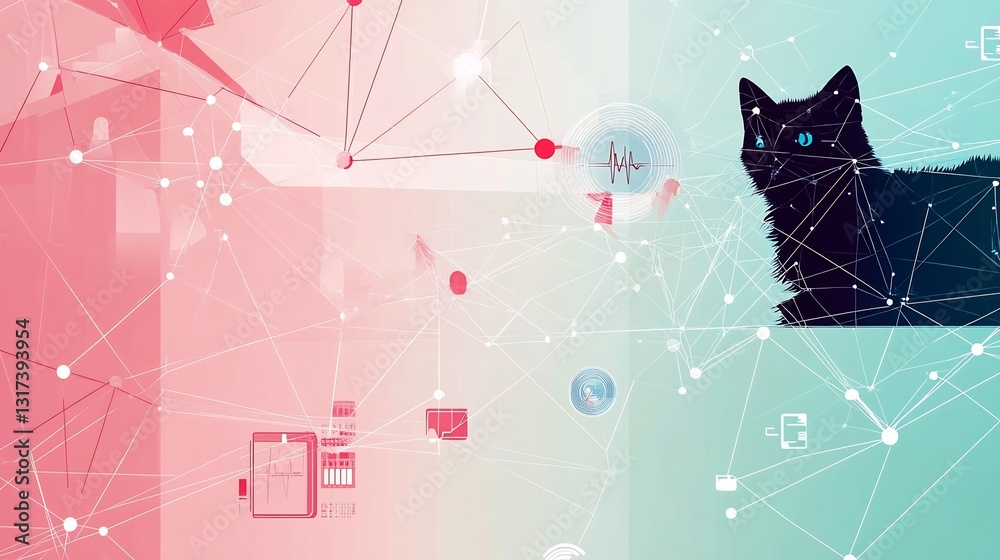 Poster artistic depiction of health technology interconnected geometric shape symbolizing digital healthcar