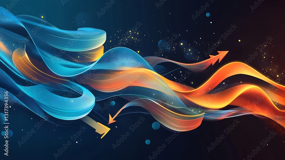 Poster artistic depiction of innovation management showcasing symbolic layer dynamic arrow representing bre