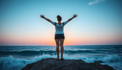 Obraz premium Woman with Outstretched Arms by the Ocean at Sunset
