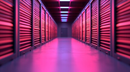 A visually striking corridor lined with storage units, illuminated by vibrant pink lighting, creating a futuristic atmosphere.