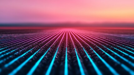 A digital landscape with vibrant lines converging toward a colorful horizon, creating a futuristic and immersive visual effect.