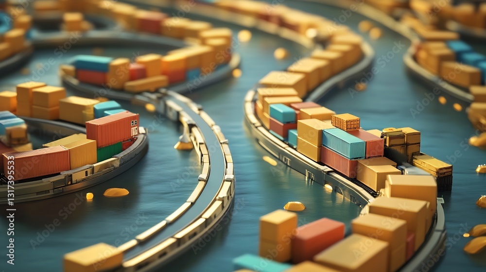 Poster artistic depiction of supply chain ecommerce showcasing symbolic pathways seamless inventory managem