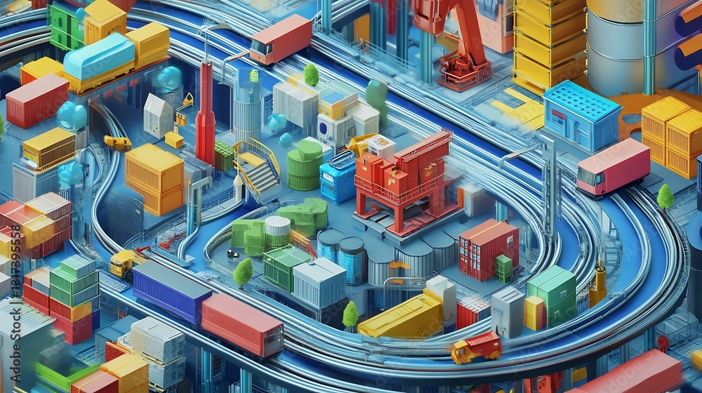 Poster artistic depiction of supply chain ecommerce showcasing symbolic pathways seamless inventory managem