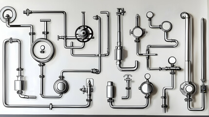 Obraz premium Industrial pipe system diagram on white wall; engineering design background; useful for manufacturing, technology, or industry publications