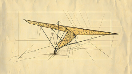 Vintage glider aircraft design sketch, blueprint style, textured background; perfect for aviation history or engineering projects
