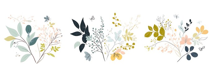 Abstract floral and botanical illustrations, a set of three vector designs for wall art
