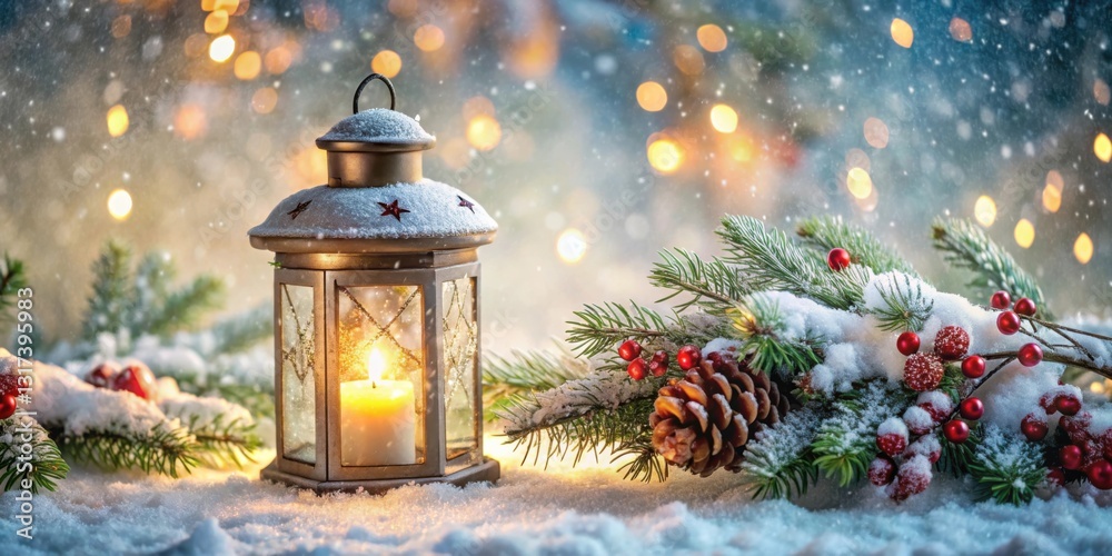 Aufkleber a glowing lantern sits amidst a snowy winter scene, casting a warm light on evergreen branches adorn