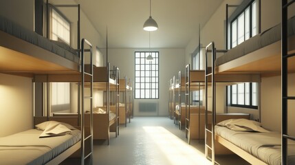 Multiple rows of bunk beds stacked side by side