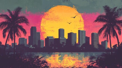 Fototapeta premium Vibrant tropical cityscape at sunset with palm trees and birds silhouetted against a colorful sky
