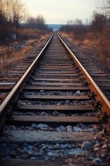 Fototapeta premium Abandoned train track runs through a vast open field with no signs of life or activity