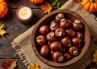 Obraz premium Chestnuts in bowl surrounded by autumn leaves and candlelight, cozy ambiance