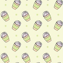 Seamless pattern featuring kawaii matcha frappuccino cups with whipped cream on a light green background, perfect for wallpapers, textiles, and prints, Vector Illustration