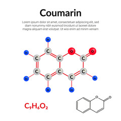 Coumarin (C9H6O2), aromatic organic chemical compound, molecular structure formula