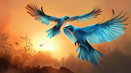 Two vibrant blue birds in flight at sunset. (9)