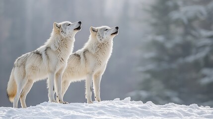 Fototapeta premium Two Arctic wolves howling in snowy winter forest.