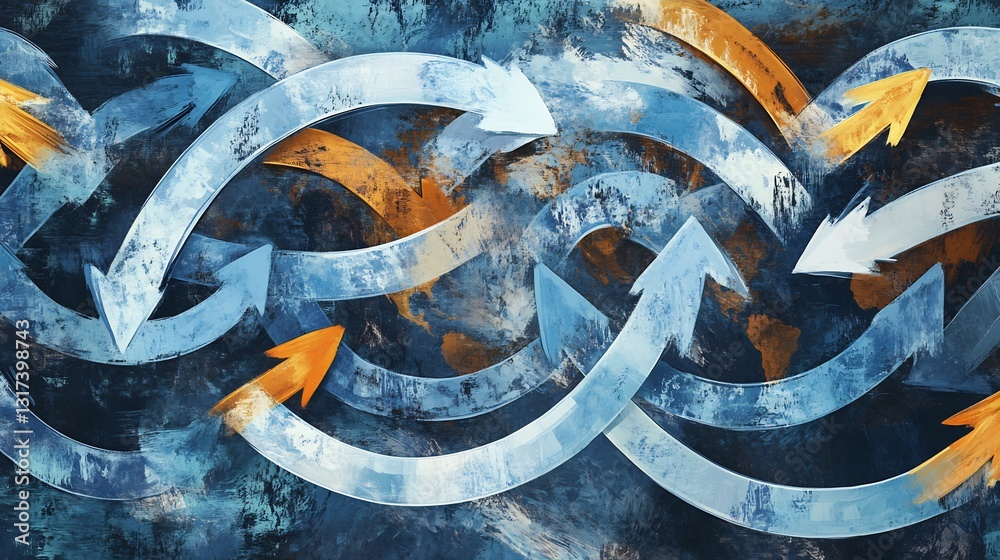 Poster Artistic rendering of global commerce systems overlapping arrows circular patterns signifying international trade