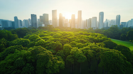 Planting trees for future generation, Aerial view of lush urban park surrounded by skyscrapers at sunset