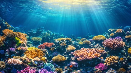 Vibrant coral reef underwater scene bathed in sunlight, showcasing diverse coral formations in various colors and textures.