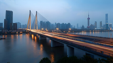 Fototapeta premium Illuminated Cable-Stayed Bridge At Dusk With City Traffic and Modern Skyscrapers in Shanghai China