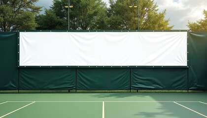 Long blank advertising banner mounted on hard green tennis court outdoor. White empty screen for copy space, poster or signs. Commercial advertisement on sport playground.
