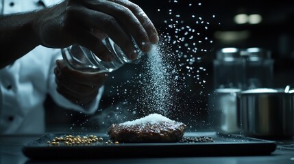 Chef seasoning grilled steak with salt.