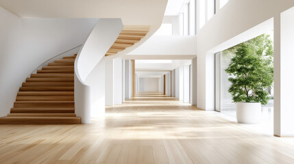 Long hallway featuring a wooden staircase in a museum setting showcasing historical art exhibits and minimalist decor