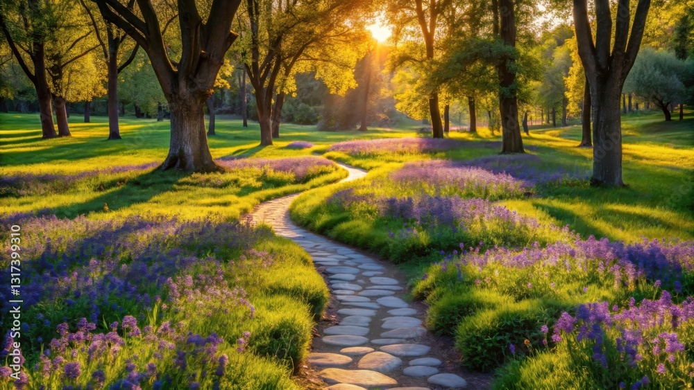 Poster a stone path winds through a field of purple wildflowers illuminated by the warm glow of the setting