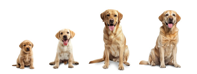Collection of Labrador Retrievers at different life stages, puppy, teenage, adult, and senior. isolated on a white background. Transparent PNG.