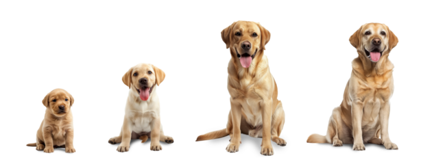 Collection of Labrador Retrievers at different life stages, puppy, teenage, adult, and senior. isolated on a white background. Transparent PNG.