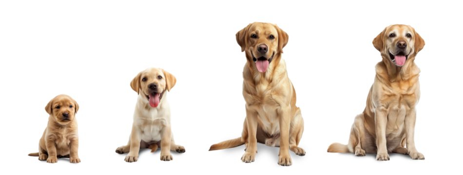 Collection of Labrador Retrievers at different life stages, puppy, teenage, adult, and senior. isolated on a white background. Transparent PNG.