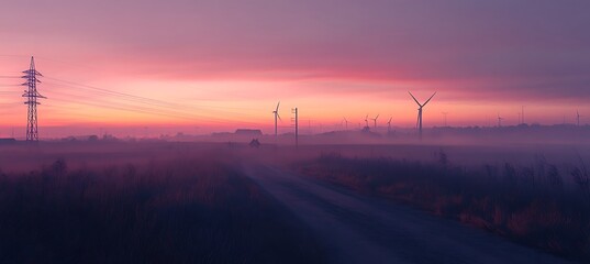 Golden Sunset Casting a Warm Glow on Windmill Turbines Standing Tall Against the Evening Sky