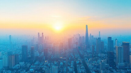 Fototapeta premium Sunrise over a sprawling cityscape, with hazy atmospheric perspective and warm toned light illuminating the skyscrapers.
