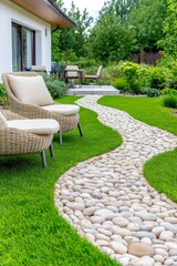 Elegant modern backyard garden featuring lush grass, a winding stone pathway, and a relaxing outdoor lounge area for leisure and enjoyment