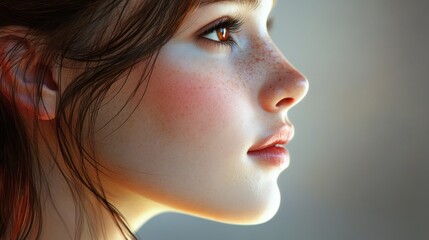 Fototapeta premium Close-up profile view of a young woman's face, featuring soft lighting and freckles