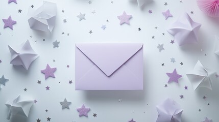 Lavender Envelope with Origami Stars and Glitter - Festive Background