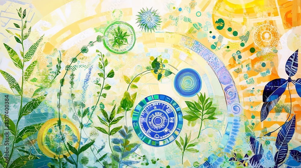 Poster artistic rendering of sustainability business emphasizing symbolic plants circular patterns renewabl