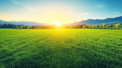 Fototapeta premium Vibrant green field at sunrise, sun shining over rolling hills and mountains. Lush vegetation and clear sky.