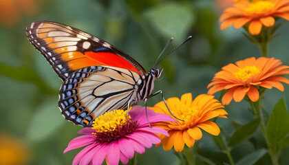 Fototapeta premium Colorful Butterfly on Vibrant Flowers in a Sunny Garden Scene