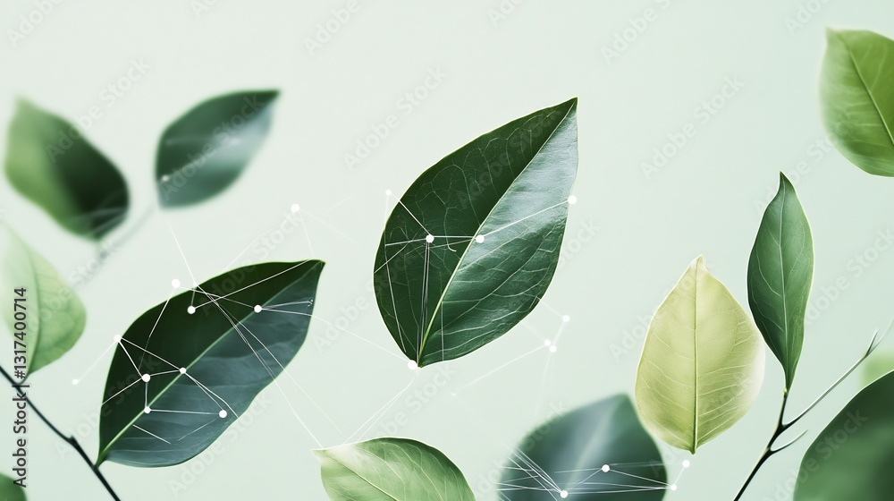 Poster artistic rendering of sustainability initiatives featuring symbolic leaves interconnected shapes eco