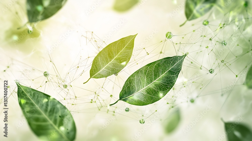 Poster artistic rendering of sustainability initiatives featuring symbolic leaves interconnected shapes eco