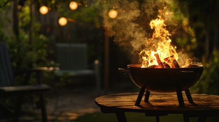 Burning wood in a metal brazier on a patio at night.