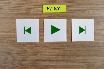 Music playback symbols written on notepad: play, rec, pause, next, prev. Listen to music in free...