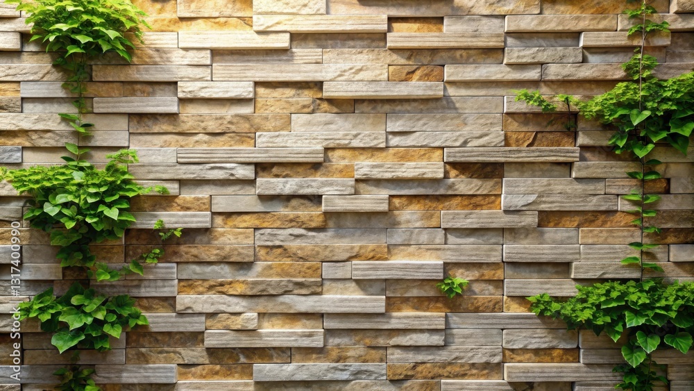 Poster a stone wall with green vines growing across the surface, adding a touch of nature to the otherwise 