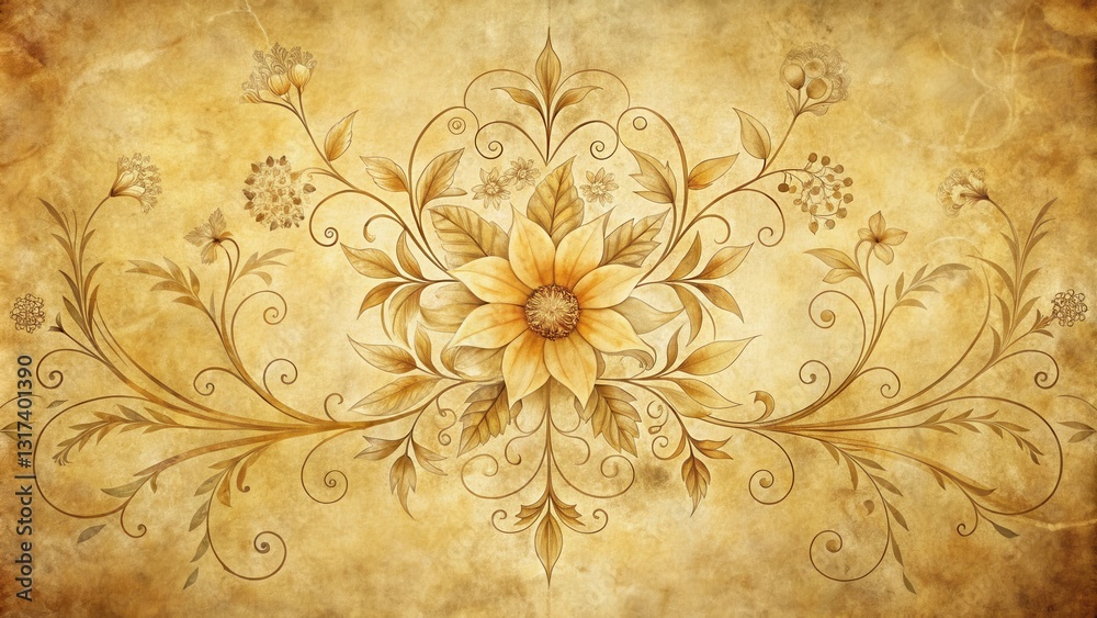 Poster An ornate vintage floral design on aged paper with intricate swirls and delicate leaves, creating a timeless and elegant motif.