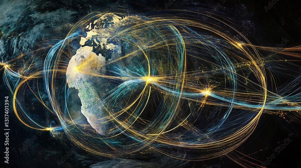 Poster Artistic representation of global energy distribution featuring circular flow dynamic line connecting power source