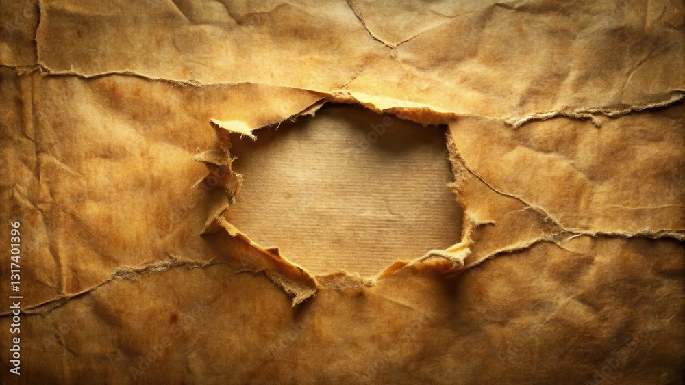 Poster a distressed, aged, and torn paper texture with a circular hole revealing a textured background, per