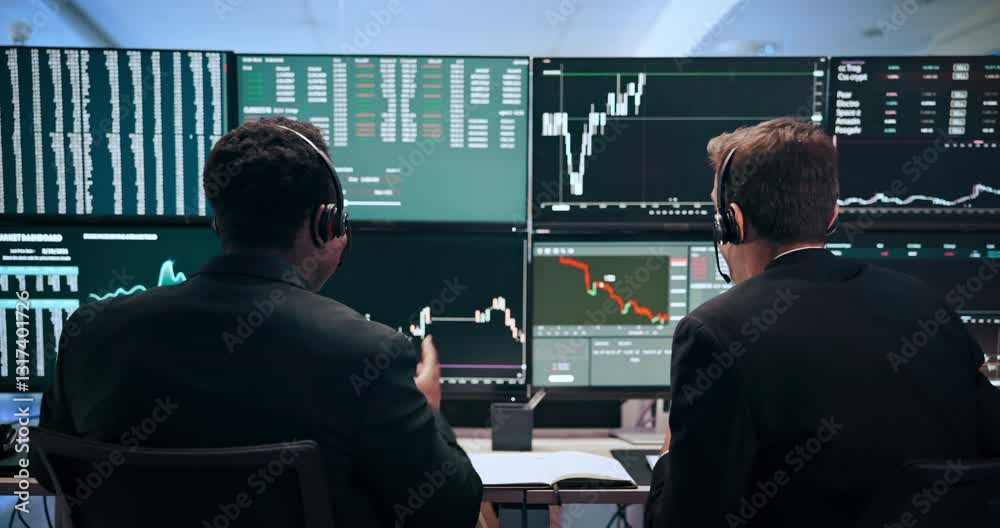 Poster men, charts and computer screen for trading, handshake and headset with stats, analysis or review. p