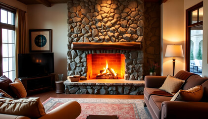Cozy Living Room with Stone Fireplace and Warm Ambient Lighting